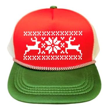 Imagem de ThatsRad Suéter Ugly Christmas Party Snapback Boné de caminhoneiro Papai Noel (rena vermelha pixel)