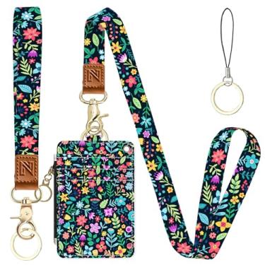 Imagem de Porta-crachá de identificação 2 em 1 com flores roxas e carteira com cordão para professores, enfermeiras, profissionais - linda bolsa de moedas com zíper, alça de pulso removível e cordão de pescoço