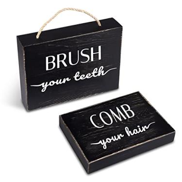 Imagem de Placa e placa de banheiro Black Farmhouse (conjunto de 2), escove os dentes e penteie o cabelo, decoração de parede e mesa de banheiro com bloco de madeira envelhecida