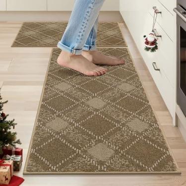 Imagem de COSY HOMEER Conjuntos de tapetes e tapetes de cozinha, 2 peças, tapetes de cozinha macios antiderrapantes para o chão, absorvente e resistente a manchas, tapetes xadrez laváveis para cozinha, 51 x 81