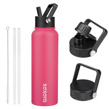 Imagem de BJPKPK Garrafas de água isoladas com tampa de palha, garrafas de água de aço inoxidável de 1,2 l com 3 tampas, garrafa térmica à prova de vazamento sem BPA, copos, copos para esportes, academia - rosa