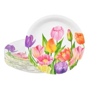 Imagem de AimFun 48 peças de tulipa floral pratos de festa tulipas flor prato de papel descartável 23 cm primavera verão jardim aquarela jantar sobremesa pratos de servir para Páscoa chá de bebê suprimentos