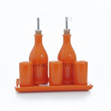 Imagem de Galheteiro Gourmet 6 Peças em Cerâmica Elegância e Organização para sua Mesa Posta,Bandeja e Bico Dosador – Porta Azeite, Vinagre, Sal,Pimenta e paliteiro (LARANJA)