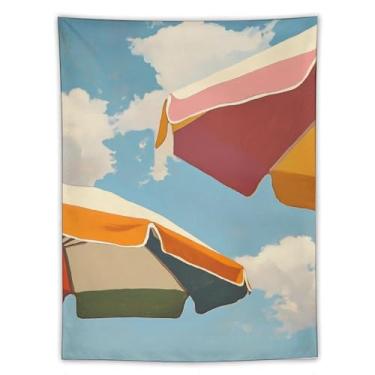 Imagem de Tapeçaria colorida para guarda-sóis de praia rosa laranja verde dossel cena céu azul pintura a óleo estilo parede decoração náutica para casa para sala de estar quarto vibe alegre tapeçaria 60 x 80