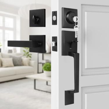 Imagem de LITLANDSTAR Conjunto de fechadura de porta frontal, conjunto de maçaneta e fechadura para porta de entrada externa, fechadura ajustável com cilindro único, reversível para direita e esquerda (preto