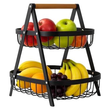 Imagem de Fruteira de Mesa 2 Andares em Metal com Detalhe em Bambu - Cesta Organizadora Decorativa para Cozinha, Sala e Mesa (Preto)