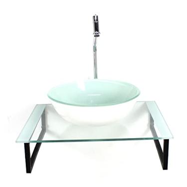 Imagem de KIT CUBA DE VIDRO REDONDA 10MM TAMPO 50CM BRANCO COM SUPORTE TORNEIRA VALVULA