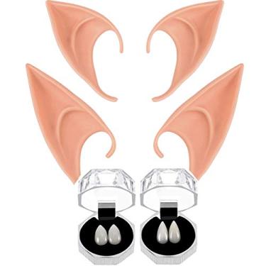 Imagem de Geek-M Dentes de vampiro + orelhas de elfo de látex, orelha macia de Pixie para festa de Halloween