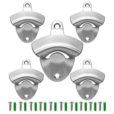 Imagem de 5 peças, abridor de garrafas de aço inoxidável resistente montado na parede, adequado para amantes de cerveja de cozinha, bartender man caverna (cetim prateado)