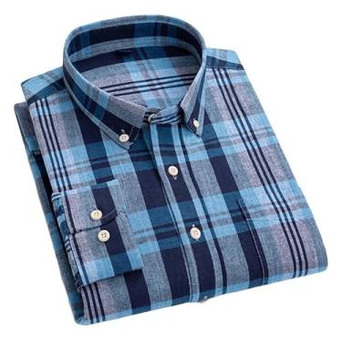 Imagem de JadeRich Camisa masculina de manga comprida xadrez xadrez com botões algodão linho casual moda camisa ajuste regular, Azul, PP