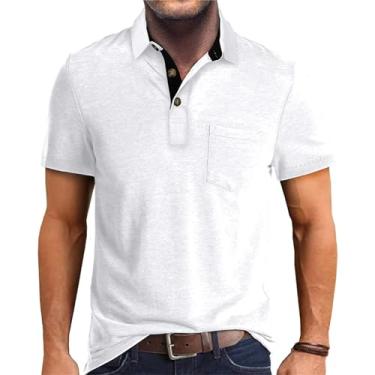 Imagem de SEGANUP Camisa polo atlética masculina manga curta algodão botão colarinho camiseta polo golfe absorção de umidade com bolso, Branco, M