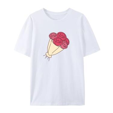 Imagem de Camiseta com estampa floral masculina e feminina rosa divertida para amigos amor, Branco, GG