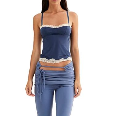 Imagem de Camiseta feminina de renda com alças finas, sem mangas, gola quadrada, laço frontal, patchwork, Azul, G