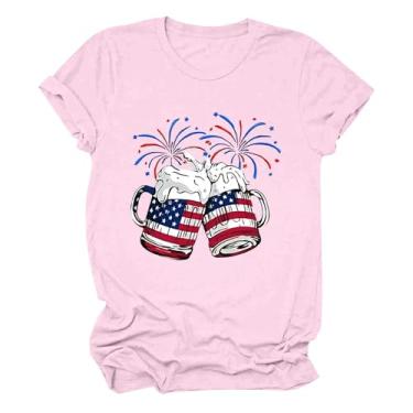 Imagem de PKDong 4th of July Outfit for Women Crew Neck Short Sleeve Independent Day Beer Cups Impresso Camiseta Gráfica para Mulheres, rosa, P