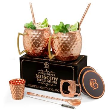 Imagem de Copper-Bar Canecas de cobre Moscow Mule | Conjunto de 2 copos martelados | 100% cobre sólido puro à mão | Conjunto de presente com canudos de coquetel | Copo de shot | Porta-copos | Agitador de cobre