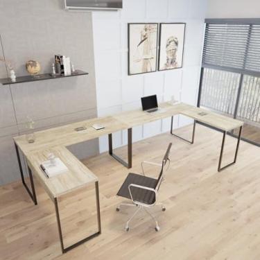 Imagem de Kit 2 Mesas de Escritório em L Estilo Industrial 1,50mx1,50m Kuadra Carvalho
