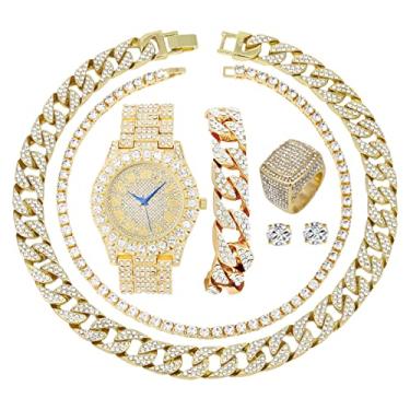 Imagem de Mostrador colorido totalmente gelado Big Rocks bisel com algarismos romanos, pulseira de corrente cubana, colar cubano, corrente de tênis e anel - ST10327CRNT, Ouro clássico R#, 9, ST10327CRNT (9,