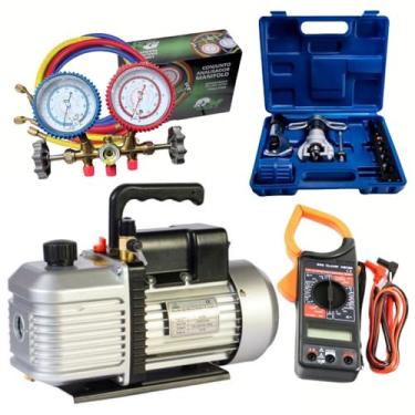 Imagem de Kit Refrigeração Profissional com Alicate Amperímetro, Flangeador Excêntrico com Catraca, Bomba de Vácuo 6 CFM, Manifold R12/R22/R134a/R404a e Maleta