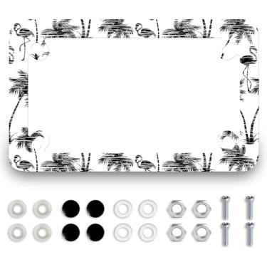 Imagem de Moldura de placa de licença de motocicleta Flamingo aço inoxidável vintage tropical palmeira suporte de etiqueta 4 furos masculino feminino à prova d'água acessório de motocicleta com parafusos porcas