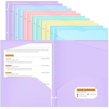 Imagem de Pacote com 12, 2 pastas de bolso com bolso frontal transparente, pastas de arquivo de plástico perfurado de volta às aulas, resistente, para fichário de 3 anéis, suporte de papel de 28 x 23 cm