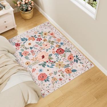 Imagem de DUKINO Tapete de área 3x4, tapete floral leve antiderrapante lavável, tapetes internos com design boho para quarto, cozinha, sala de jantar, bege