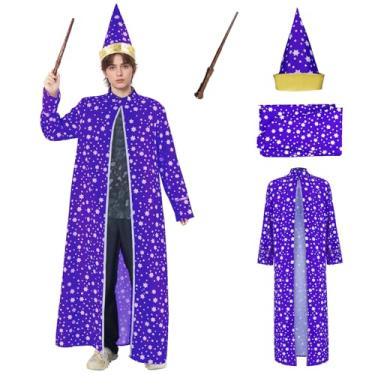 Imagem de EDAUWAE Wizard Costume Adults Wizard Cloak Stars Magician Cape Wizard Hat Cloak Magic Wand Halloween Costume XL
