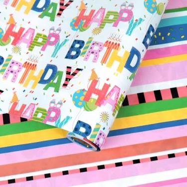 Imagem de LUVONA Rolo de papel de embrulho reversível de aniversário - Mini rolo - 43 cm x 80 metros - Padrão colorido de feliz aniversário com listras multicoloridas para festa, chá de bebê, férias, meninas
