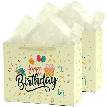 Imagem de Febbleshow Sacos de presente de aniversário amarelos com papel de seda para chá de bebê para meninos e meninas - Acabamento fosco com saco de presente de balão colorido - 33 x 26 x 12 cm (pacote com 2