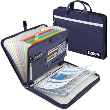 Imagem de Organizador de documentos à prova de fogo de 2,871 °C com 13 pastas expansíveis sanfonadas, fichário com zíper de folha de alumínio com 30 protetores de folha A4/letras, fichário para escola