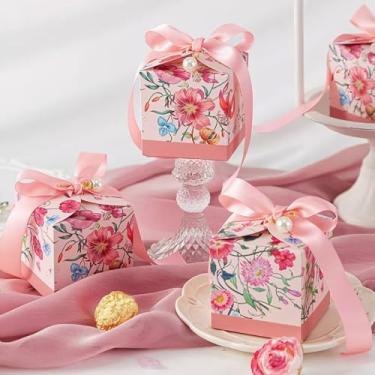 Imagem de 6 peças de caixas de papel de presente com estampa de flores rosa com design floral decorativo de pérolas, perfeitas para lembrancinhas de festa e casamento