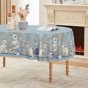 Imagem de Horaldaily Toalha de mesa de Páscoa 152 × 213 cm, oval, azul, coelhinho da Páscoa, lavável, capa de mesa sazonal para decoração de festa, piquenique, jantar