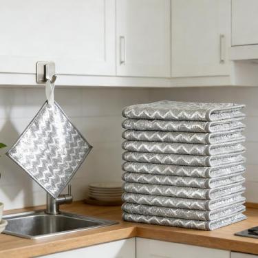 Imagem de Pacote com 12 panos de prato de metal, esfregão de lã de aço antiarranhões e odores de 3 camadas | Reutilizável e multiuso para limpeza úmida e a seco | Seguro para pratos, pias, fogões e panelas