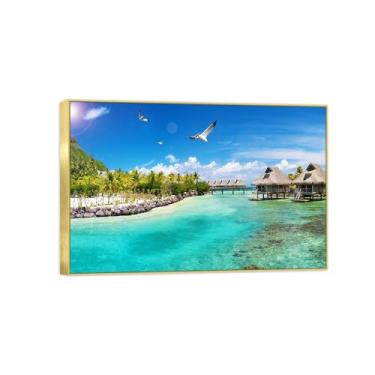 Imagem de Quadro dourado arte de parede paisagem impressões em tela - palmeira pássaros marinhos - pintura de decoração - imagens para quarto 50 x 75 cm 20 x 30 pol