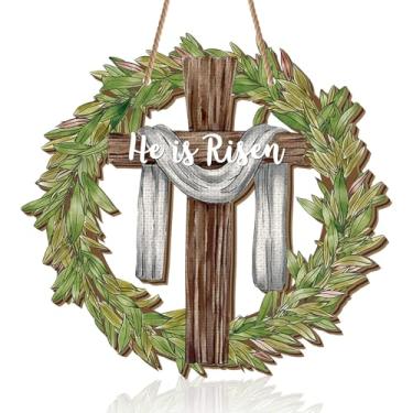 Imagem de Thyle Placa He Is Risen, 30,5 cm, decoração de Páscoa, porta da frente, folhas religiosas, placa de cabide de porta cruzada, guirlanda de madeira, decoração cristã para pendurar na parede para casa