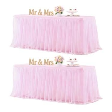 Imagem de Toalha de mesa rosa bebê elastano toalha de mesa de tule ajustável 1,8 m, saia de mesa retangular, rosa claro, capas de mesa para festa, banquete, aniversário, chá de bebê, casamento, pacote com 2