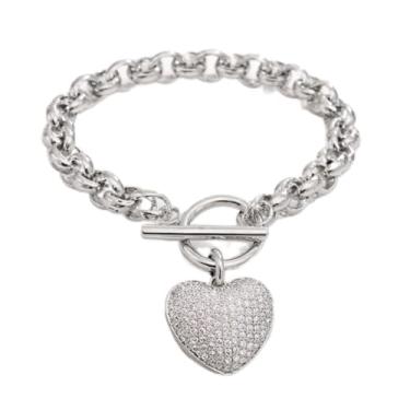 Imagem de Pulseira Feminina Banho Ródio Branco com Coração Cravejado, Zircônias Verdadeiras, 20cm, Estilo Moderno, Tema Amor, Fecho Gaveta