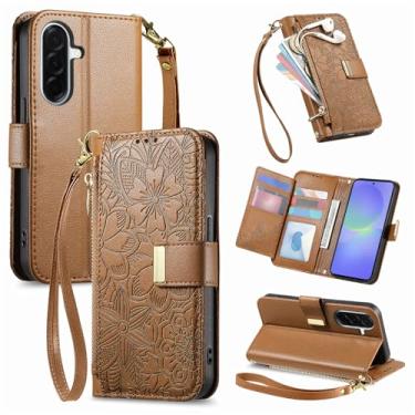 Imagem de Niuuro Capa carteira para Samsung Galaxy A56/A36/A37, suporte de cartão embutido (8 a 10 cartões), bolso com zíper, alça de pulso, suporte de suporte, capa protetora de couro PU floral feminina