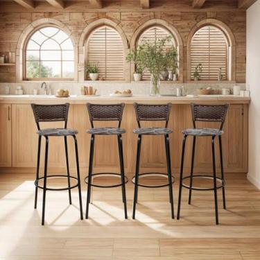 Imagem de Kit 4 Banco Banqueta Alta Encosto Junco Argila Aço Bar Balcão Gourmet 