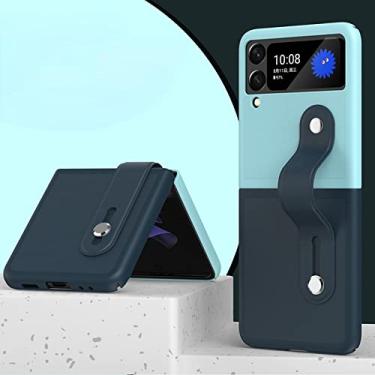 Imagem de Capa de telefone de couro Candy Color para Galaxy Z Flip 3 4 Flip3 Flip4 5G dobrável capa de proteção à prova de choque com alça de pulseira, céu azul, azul, para Galaxy Z Flip4