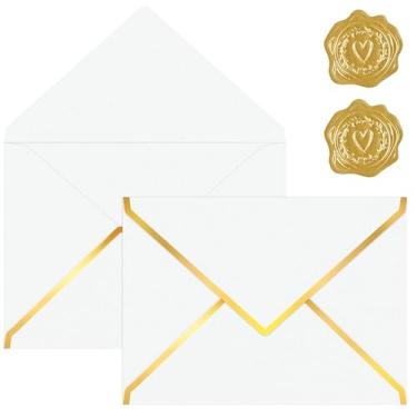 Imagem de Envelopes A7 brancos perolados para convites com aba em V de folha dourada, pacote com 30 envelopes metálicos 12 x 18 cm, cartolina pérola, envelopes brancos brilhantes para cartões de presente de