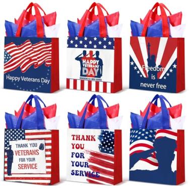 Imagem de Wesnoy Pacote com 30 sacos reutilizáveis para presente do Dia dos Veteranos, sacola não tecida, com alças, sacolas de compras com papel de seda para lembrancinhas de festa