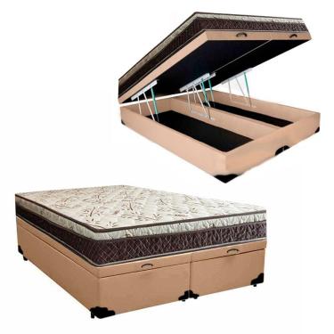 Imagem de Cama Box Baú Bipartido Casal Corino + Colchão Casal Espuma Extra Firme D33 Elegance Ortopédico 72x138x188 Bege