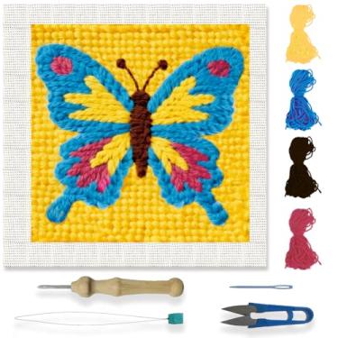 Imagem de ORIGACH Kit de agulhas de perfuração de bordado com moldura, kit de perfuração de agulha borboleta com padrões, fios, ferramentas e instruções para iniciantes e adultos, decoração de parede DIY