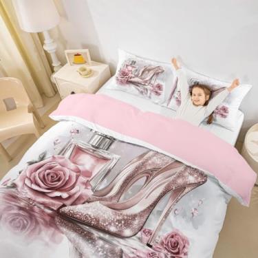 Imagem de Erosebridal Capa de edredom feminina de luxo fashion com glitter rosa e salto alto rosa e perfume, conjunto de cama com tema de maquiagem tamanho casal para crianças adolescentes e mulheres, conjunto