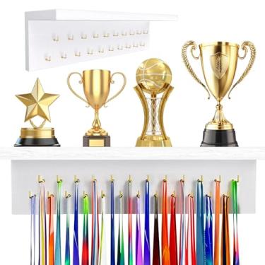 Imagem de MarginZen Expositor de cabide de medalha de madeira com prateleira de troféu - Suporte de medalha de 19 ganchos para parede, prateleira resistente para exibição de medalhas para ginástica, futebol e