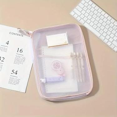 Imagem de Pasta Organizadora de Nylon Transparente para Documentos A4 com Zíper, Bolsa Portátil para Faculdade, Escola e Escritório, Ideal para Guardar Arquivos e Materiais (Rosa)