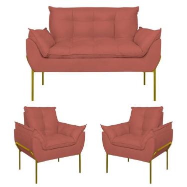 Imagem de Kit 02 Poltronas + Namoradeira Reforçada Opala Metal Dourado Rosa