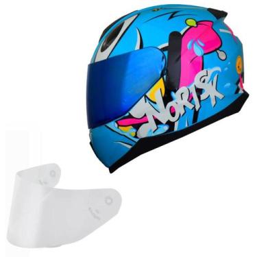 Imagem de Capacete Moto Feminino Norisk Razor Mad Azul Viseira Azul, Azul Brilho