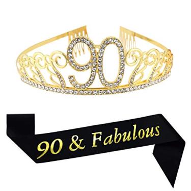Imagem de Tiara e faixa de ouro 90th Brithday, 90 e fabulosa faixa de cetim com glitter e coroa de aniversário com strass de cristal para festas de aniversário de 90 anos decorações de lembrancinhas para decoração de bolo de aniversário de 90 anos