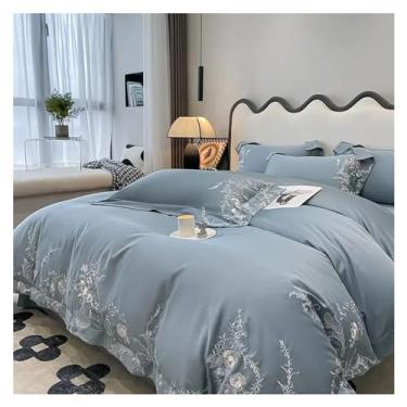 Imagem de Jogo de cama de luxo de algodão egípcio 1000 fios com bordado de flores brancas queen king 4 peças, macio (azul plano_200 x 230 cm 4 peças)